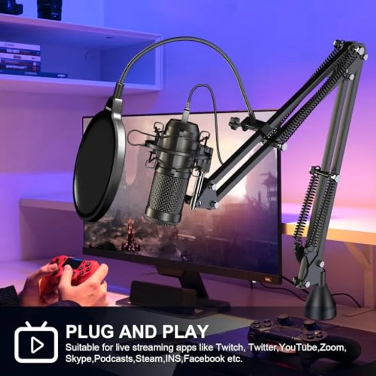 aokeo USB Mikrofon Set, 192kHz/24bit Kondensatormikrofon mit Mikrofonständer, Popfilter, Windschutz, für Podcasting und Streaming – Bild 5