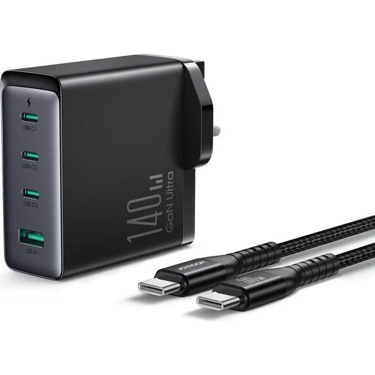 Joyroom JR-TCG05UK, GaN-Ladegerät 140 W mit 3x USB-C und 1x USB-A, Schnellladeunterstützung, Schwarz