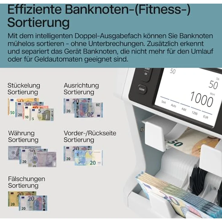 Safescan 2995-SC Geldzählmaschine, 11-fache Echtheitsprüfung, Fitness-Sortierung und Wertzählung für gemischte Banknoten, inklusive kostenloser Safescan-App – Bild 4