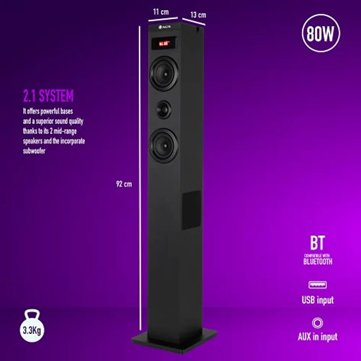 NGS Sky Charm - 50W Bluetooth Sound Tower mit Fernbedienung, Optischem Eingang, USB, FM Radio und AUX IN (SKYCHARM 2.1) in Hochwertigem Material - Schwarz – Bild 3