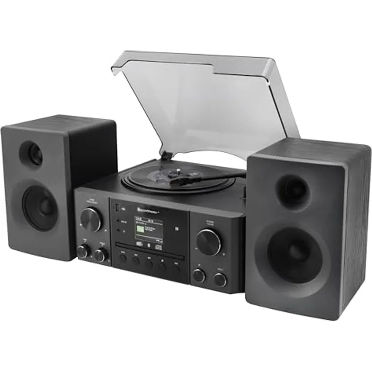 Soundmaster MCD1950, Schwarz Stereoanlage mit DAB+/UKW-RDS Radio, CD/USB Wiedergabe, Bluetooth, Plattenspieler und Fernbedienung