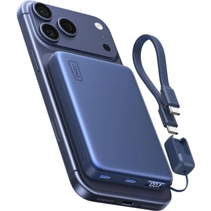 INIU Qi2 25W MagSafe Power Bank, Dünnste 10000mAh Kabelloses Ladegerät mit 45W USB-C Schnellladung, LED Anzeige, Flugsicher für iPhone 17-12 Serie, Blau – Bild 1