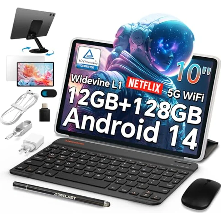 TECLAST P30T Android 14 Tablet 10+Zoll Tablet PC mit Tastatur 10-Teiliges Set, 12GB RAM+128GB ROM(4TB TF), 2.4G+5G WLAN, Unisoc Octa-Core A75 CPU, Widevine L1/GPS/6000mAh/BT5/10 Accessoires/3.5MM-2025, Metallgehäuse, 10-Zoll-BOE-Augenschutzbildschirm, Dual AC WIFI – Bild 1