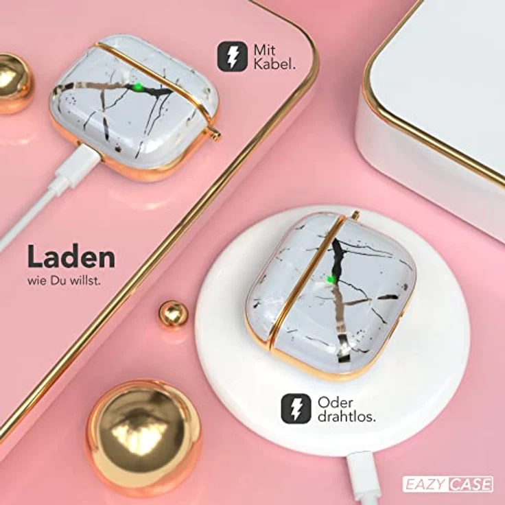 EAZY CASE AirPods 3 Hülle - Weiß Stoßfestes Hard Case mit Karabiner, Marmoroptik, Antikratz, rutschfest - für Airpod 3. Generation – Bild 5
