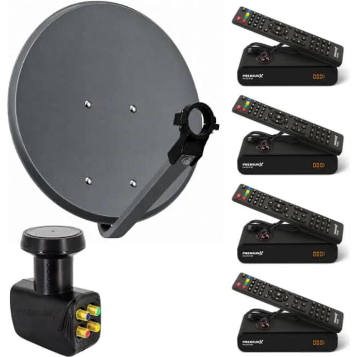 Premium X PXS60 Satelliten-Komplettanlage, 60cm Antenne Anthrazit, Quad LNB für 4 Teilnehmer, 4x DVB-S2 FullHD Receiver – Bild 1
