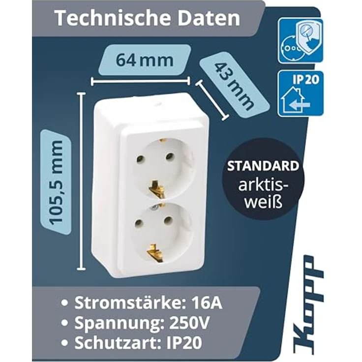 Kopp STANDARD 2-fach Schutzkontakt-Steckdose, Arktis-Weiß – Aufputz-Steckdose für Keller, Werkstatt & Garage, IP20, 16A / 250V~ – Bild 2