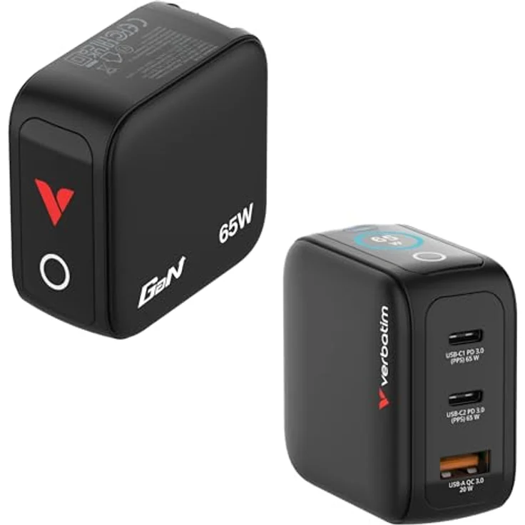 Verbatim Mini GaN Charger 3 Port 65W mit TFT-Display, kompakt und sicher, Schwarz – Bild 2