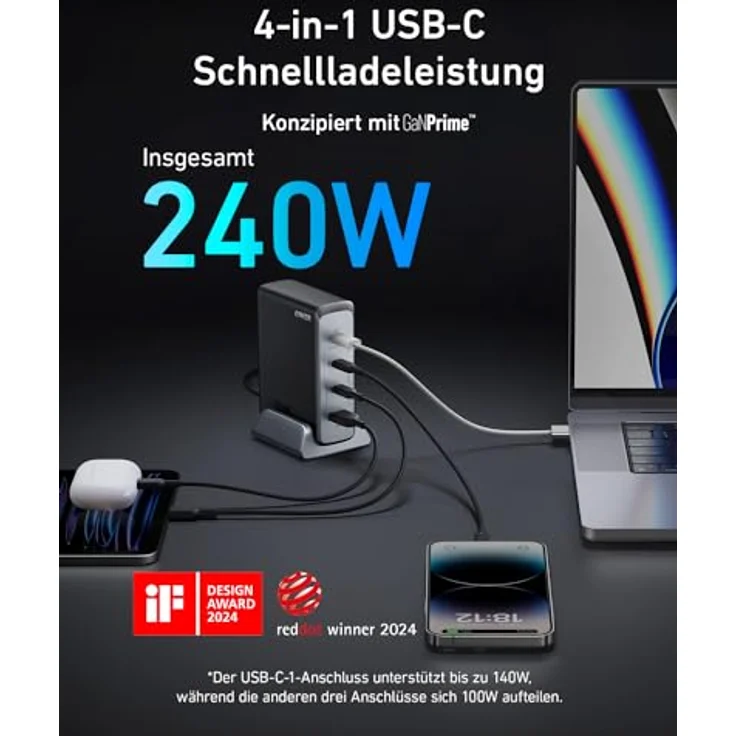 240W Anker USB-C Ladegerät, Prime GaN Netzteil, 4-Port Schnellladegerät , Kompatibel mit MacBook Pro/Air, iPhone 15, iPad Pro, Galaxy S23/S22, Note 20 und mehr – Bild 2