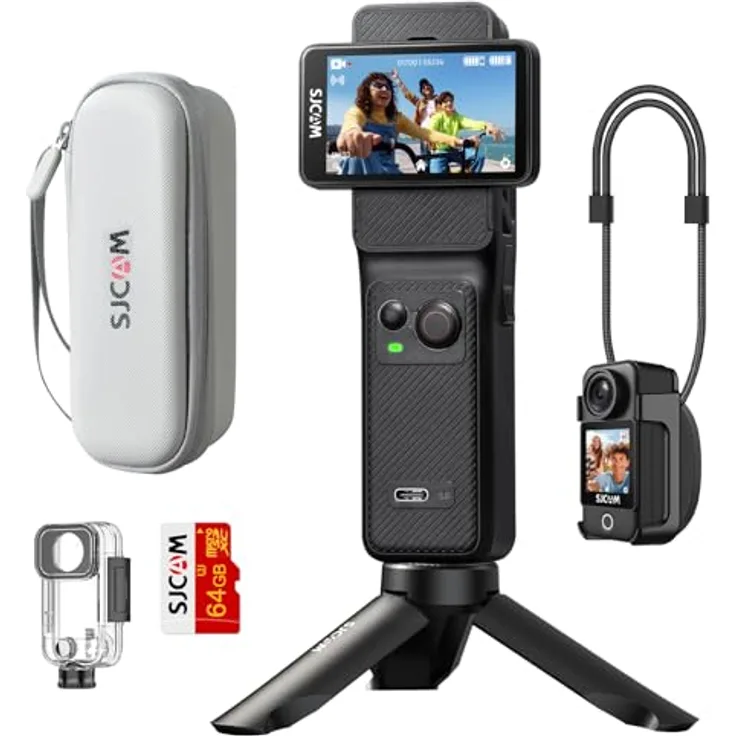 SJCAM C400 Actionkamera 4K, 7 Stunden Akkulaufzeit, 6-Achsen-Stabilisierung, dualer Touchscreen, 30m wasserdicht, Schwarz, inkl. 64GB Karte