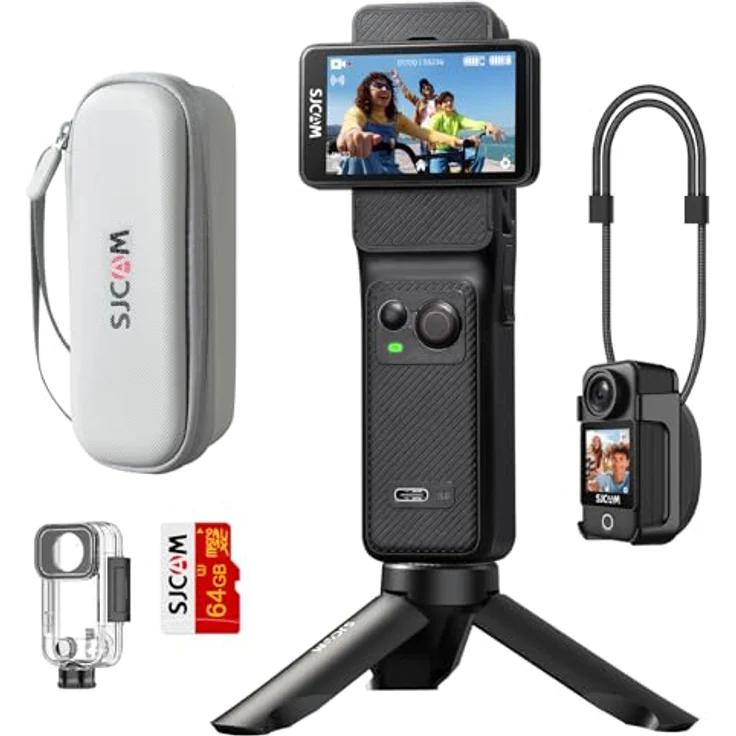 SJCAM C400 Actionkamera 4K, 7 Stunden Akkulaufzeit, 6-Achsen-Stabilisierung, dualer Touchscreen, 30m wasserdicht, Schwarz, inkl. 64GB Karte – Bild 1