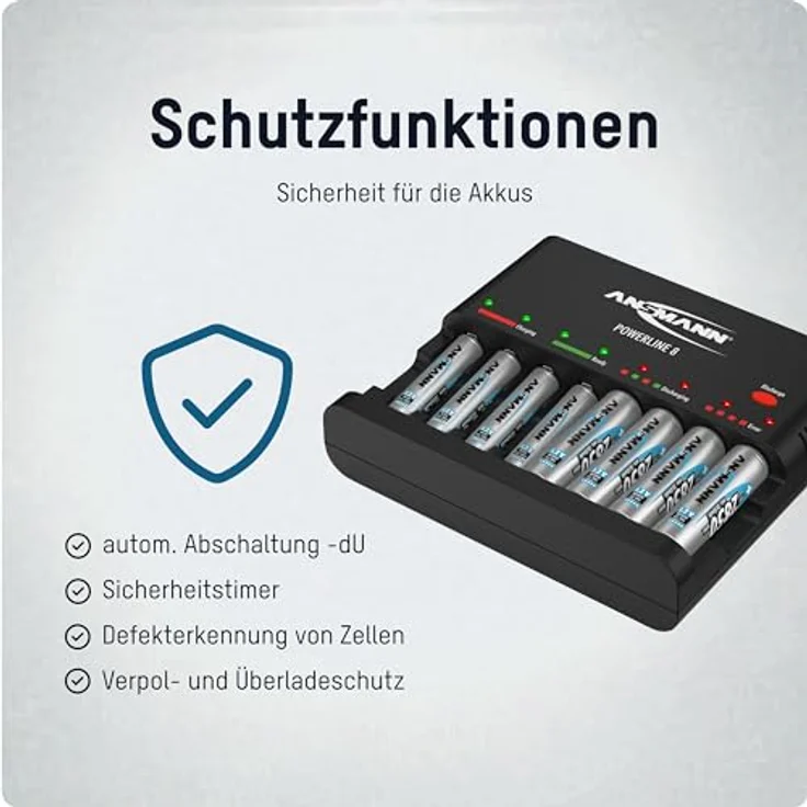 ANSMANN Akku-Ladegerät zum Laden & Entladen von 8x AA-AAA NiMH Akkus - 8-fach Batterieladegerät mit Einzelschachtüberwachung, automatische Abschaltung, Erhaltungsladung & USB Lader - Powerline 8 – Bild 5