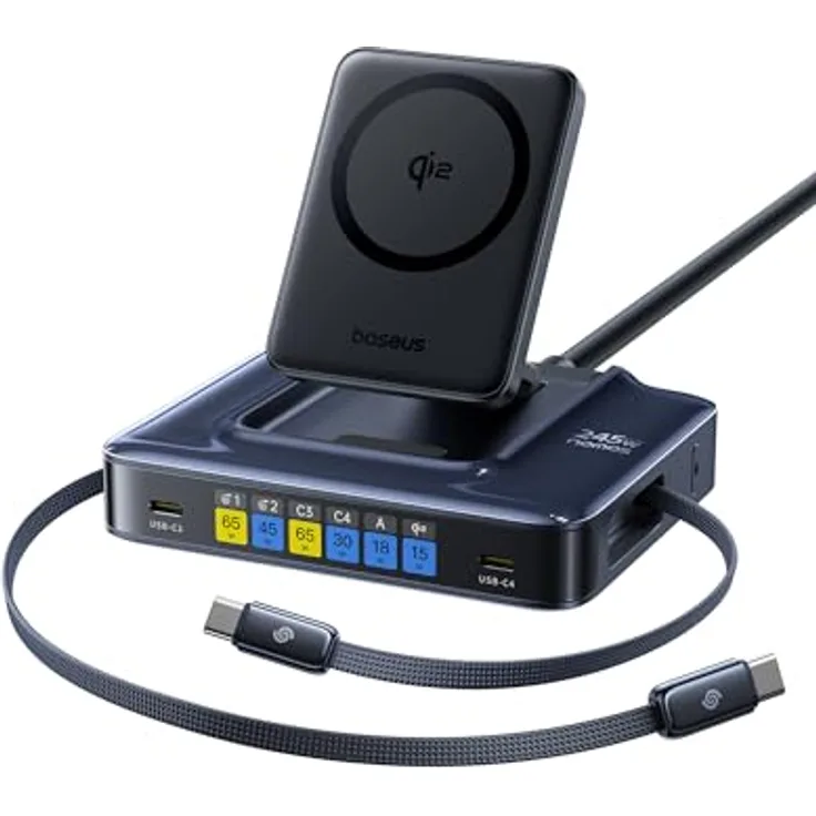 Baseus USB C Ladegerät Nomos 245W PD mit PPS, 5-in-1 Schnellladegerät für MacBook Pro/Air, iPad Pro, iPhone 16-12, Galaxy S24 Ultra, inkl. 15W MagSafe, einziehbarem USB-C-Kabel und LCD Display