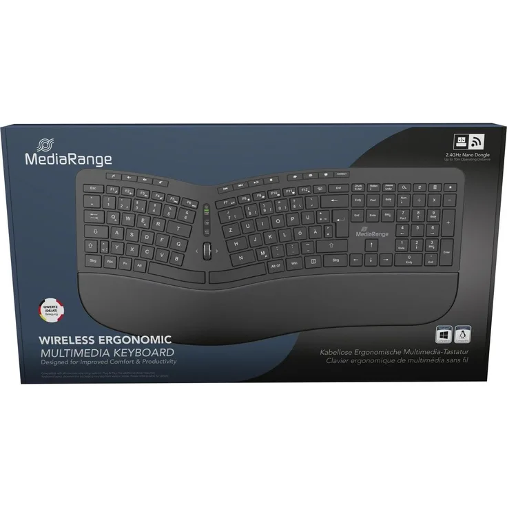 MediaRange ergonomische Multimedia Funk-Tastatur QWERTZ, kabellos, Schwarz, mit integrierten Multimedia-Schnelltasten und Scrollrad