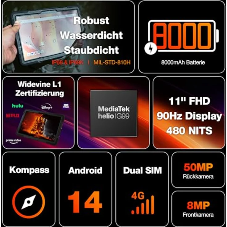 AGM PAD P2 Active P2W Outdoor Tablet Android 14 (2024), 16+8GB RAM + 256GB, 11'' FHD Display, 50MP + 8MP, Dual SIM 4G/5G WiFi/OTG/IP69K/Widevine L1/G99, mit Hülle, 360° Drehbarer Ständer, Schultergurt – Bild 3