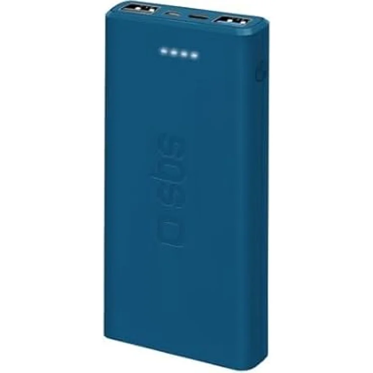 SBS Externer Akku PowerBank 10.000 mAh, USB C + 2 USB A, Blau - Kompakter Powerbank-Schnelllader
