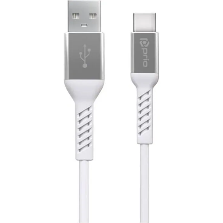 Prio Lade- und Datenkabel USB C auf USB A, 2,0 m, 3A Ladegeschwindigkeit, weiße Farbe, kompatibel mit Smartphones und Laptops