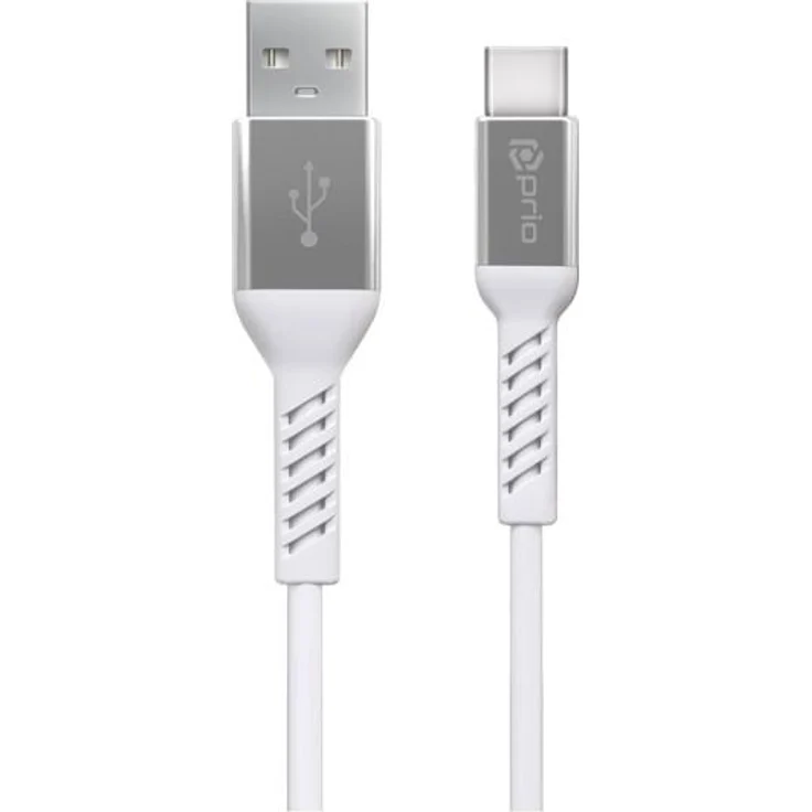 Prio Lade- und Datenkabel USB C auf USB A, 2,0 m, 3A Ladegeschwindigkeit, weiße Farbe, kompatibel mit Smartphones und Laptops