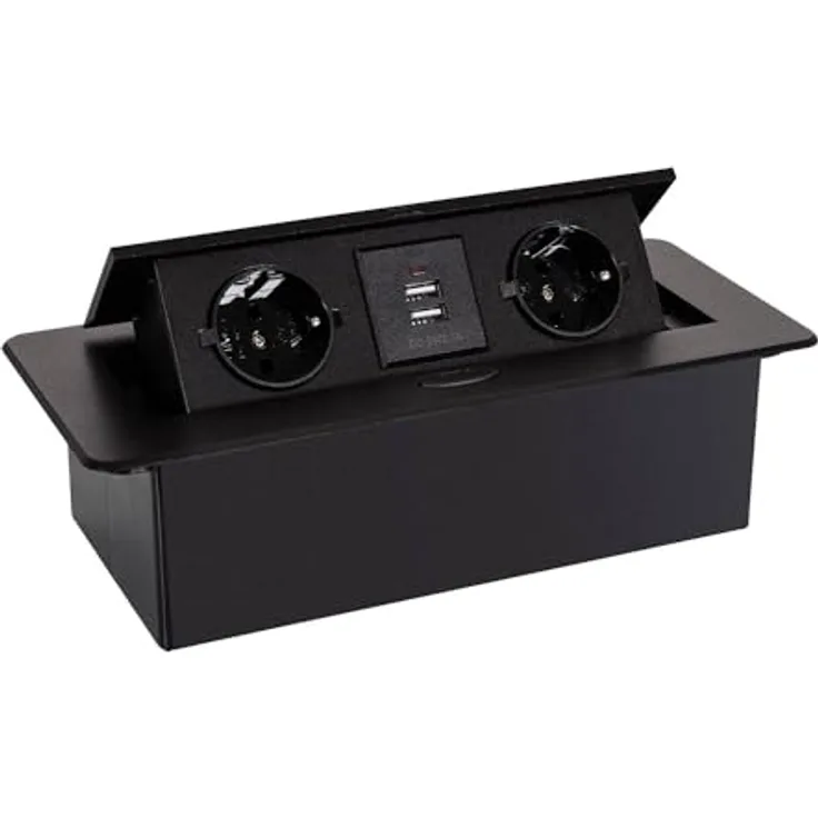 LEDKIA LIGHTING Einbausockel Mehrfach 2 F-Typ + 2xUSB Schwarz$ - Elegantes Design mit Versteckfunktion für Stecker