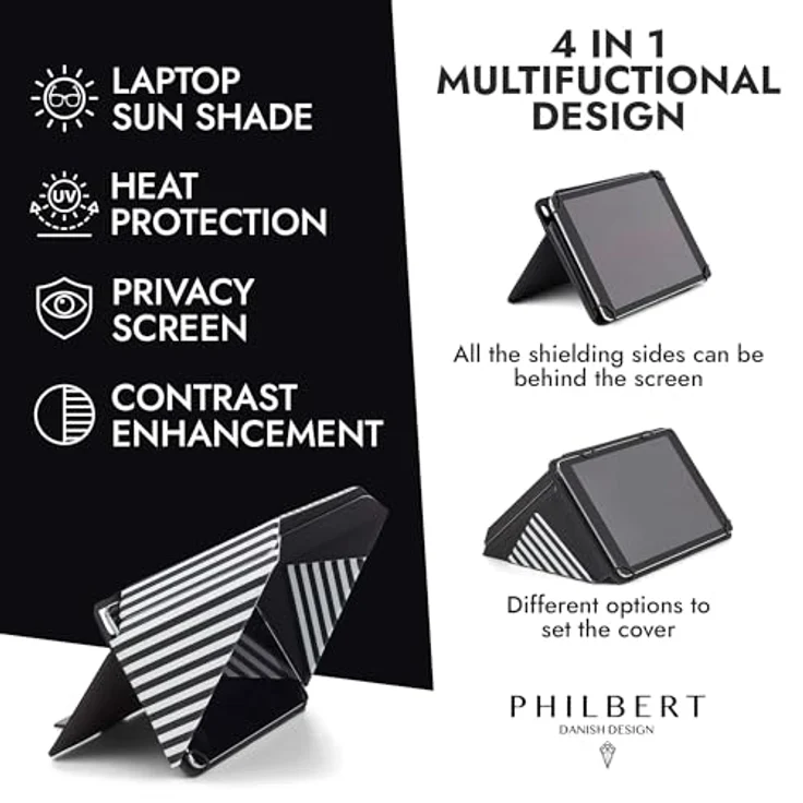 Philbert Danish Design 4 in 1 Tablet Sun Shade Lux Cover mit integrierter Hood. Sonnenschutz, Datenschutz, Hitzeschutz und Kontrastverstärkung. Gestreift. – Bild 2