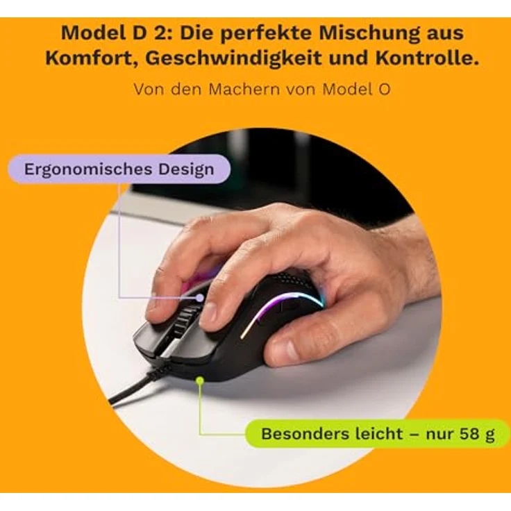 Glorious Gaming Model D 2 Wired Gaming Mouse - ergonomisch, superleicht 58g, 26K optischer Sensor, 6 programmierbare Tasten, 80-Millionen-Klicks-Lebensdauer - Mattschwarz – Bild 2