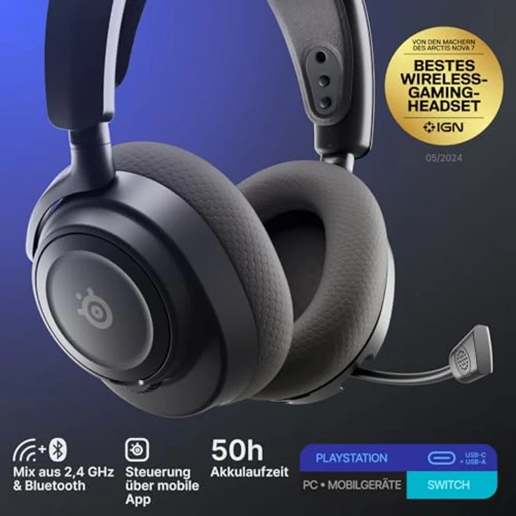 SteelSeries Arctis Nova 7P Wireless Gen 2, Gaming-Headset mit Echtzeit-App-Steuerung, über 50 Std. Akkulaufzeit, 2,4 GHz/Bluetooth, PC, PS5, PS4, Switch 1/2, Mobilgeräte – Bild 2