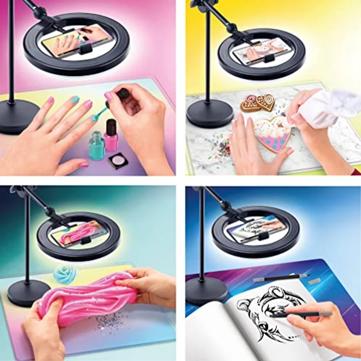Canal Toys Creator-Studio 2-in-1 Videoleuchte, mehrfarbiger LED-Ring mit 12 Modi, verstellbares Stativ, inklusive Hintergründe und Schreibtischunterlage, INF 027 – Bild 5