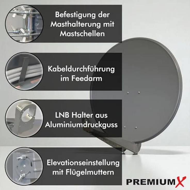 PremiumX DELUXE80 Satellitenschüssel 80 cm, Aluminium in Anthrazit, Full HD 3D 4K Ultra HD, starke Empfangsleistung, einfache Montage, flexible LNB-Kompatibilität – Bild 3
