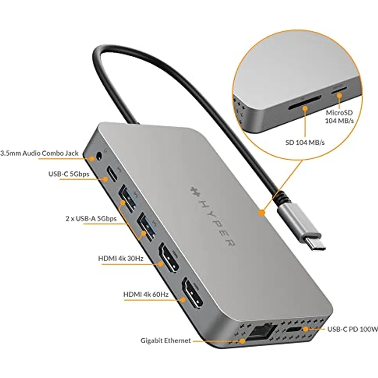 Hyper Drive 4K Dual HDMI USB C Hub M1 MacBook 10in1: Dual 4K HDMI, Gigabit Ethernet, USB-A, USB-C, USB-C 100W Power Delivery, MicroSD/SD, Windows PC, Chromebook – Bild 2