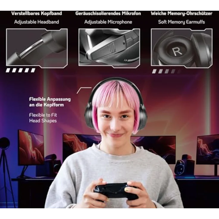 LogiLink BT0070 - BT 6.0 Gaming-Headset, 3,5 mm AUX, verstellbares Kopfband, 50 Stunden Akkulaufzeit, Geräuschisolierendes Mikrofon, Schwarz – Bild 2