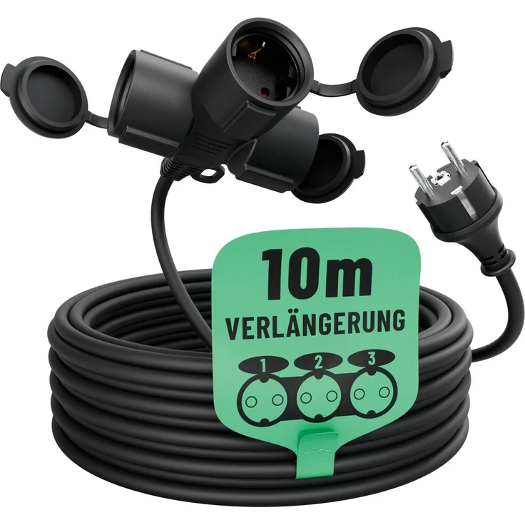 greate. 3fach Verlängerungskabel 10m - wasserdicht, Mehrfachsteckdose, 3500 W Verlängerungskabel (1000 cm) – Bild 1