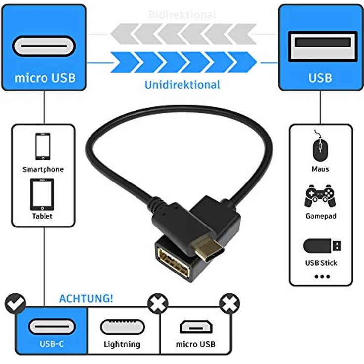 JAMEGA - USB auf USB-C OTG Adapter-Kabel kompatibel mit MacBook Pro, Samsung Galaxy S9, S8, Note 8, A5, Huawei Mate 10, P20 pro, P10, OnePlus5T, Sony Experia XZ, LG GS usw. – Bild 5