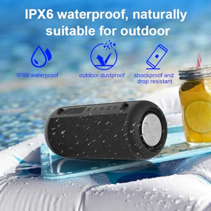 Lobwerk Bluetooth Lautsprecher, wasserdicht mit USB/Micro SD, Anruffunktion, Radio, 30 Stunden Musikwiedergabe, Schwarz – Bild 4