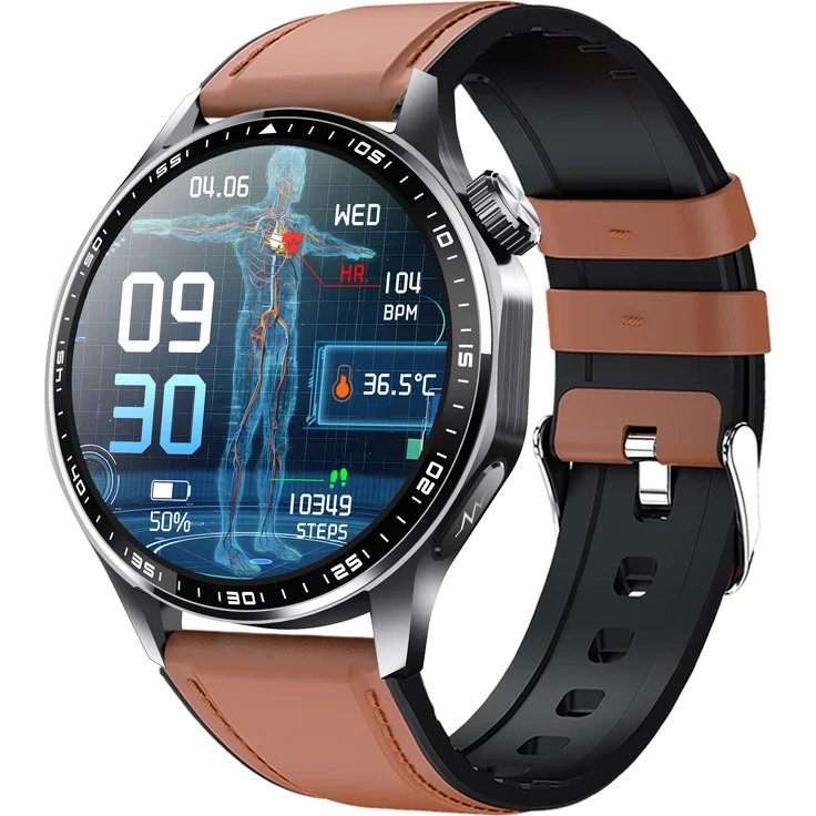 INF Smartwatch mit EKG, Herzfrequenzmesser, Blutdruckmessgerät und Schrittzähler, schwarzes und braunes Lederarmband