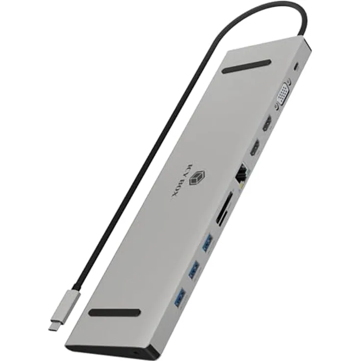 ICY BOX USB-C Dockingstation mit 3-Fach Videoausgang, Power Delivery bis zu 100 W, 2X HDMI, VGA, 3X USB 3.0, SD/microSD Kartenleser, Gigabit LAN, Aluminium-Gehäuse