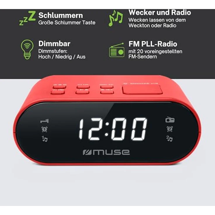 Muse M-10 RD Radiowecker mit LED-Display, Zwei Weckzeiten, dimmbar, digitaler UKW-Tuner, 20 Senderspeicher, rot – Bild 5