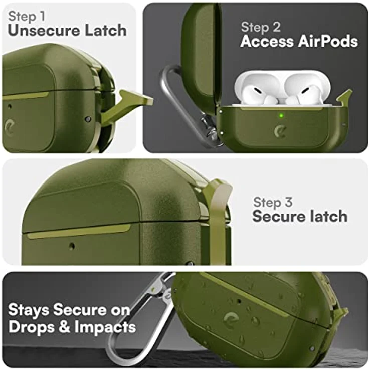 KeyBudz ElementProof für AirPods Pro 2 Case mit Schloss, vollständig wasserdichtes AirPods Pro Etui 2. Generation, robuster Schutz, Hartschalenhülle, Karabiner für AirPods Pro 1 & 2 - Grün Dunkelgrün – Bild 3