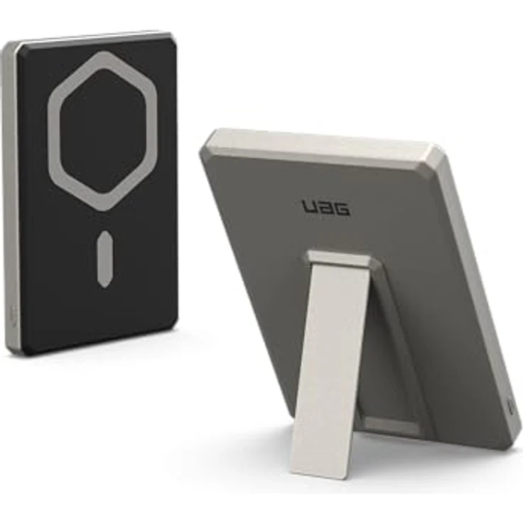 URBAN ARMOR GEAR Ultra Slim Rugged Powerbank magnetisch (5.000 mAh, Integrierter Ständer, 10 Watt Wireless-Charging) Schwarz / Titan – Bild 1