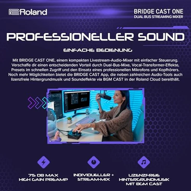 Roland BRIDGE CAST ONE Dual Bus Streaming Mixer | Kompakter Audio-Streaming-Mixer | Für Online-Gamer & Content-Produzenten | 32-Bit Hardware-DSP | USB-C Verbindung für Windows und Mac – Bild 3
