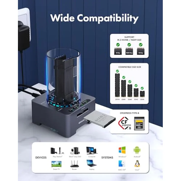 GRAUGEAR M2 Docking-Station für M.2 SSD, USB 3.2 Gen2x2, USB 4.0, leiser Lüfter, CFexpress Typ-B Kartenleser (3 in 1 Docking) – Bild 4