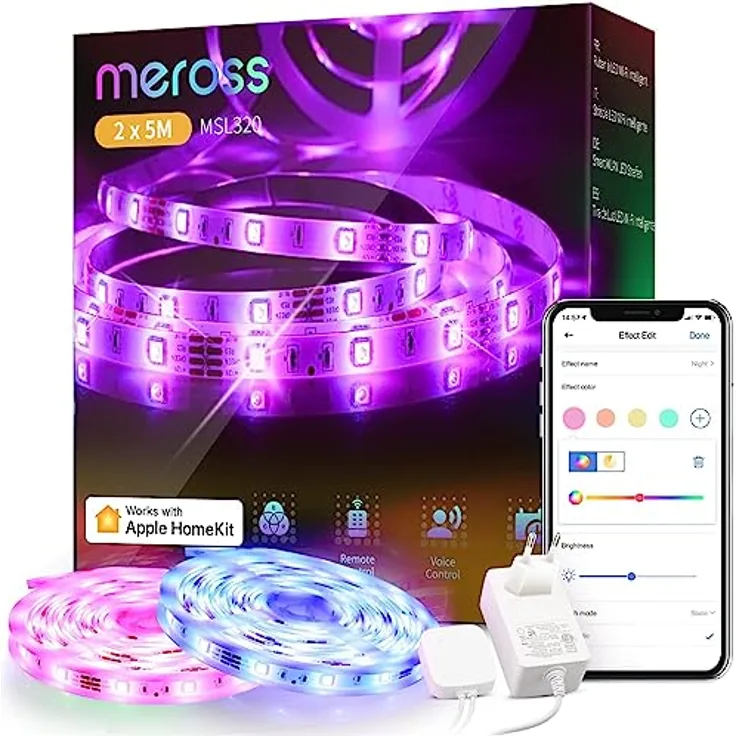 meross WLAN LED Streifen funktioniert mit Apple HomeKit, Smart RGB Strip, 12V IP20 Streifenbeleuchtung, Flexibel DIY Band Arbeiten mit Siri, Alexa und Google, für Weihnachten, Party, 5M x2