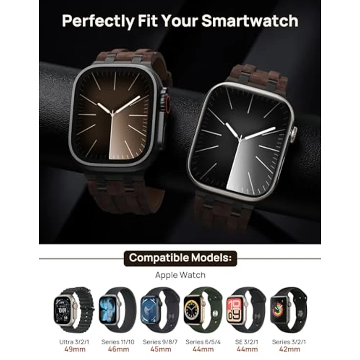 Astorgos Hochwertiges Leder Armband für Apple Watch Ultra, S11/S10, 9/8/7, SE3/SE2, 3/2/1, 49mm-42mm, Schwarz/Dunkelbraun, aus verrücktem Pferdeleder mit Metallverschluss – Bild 2