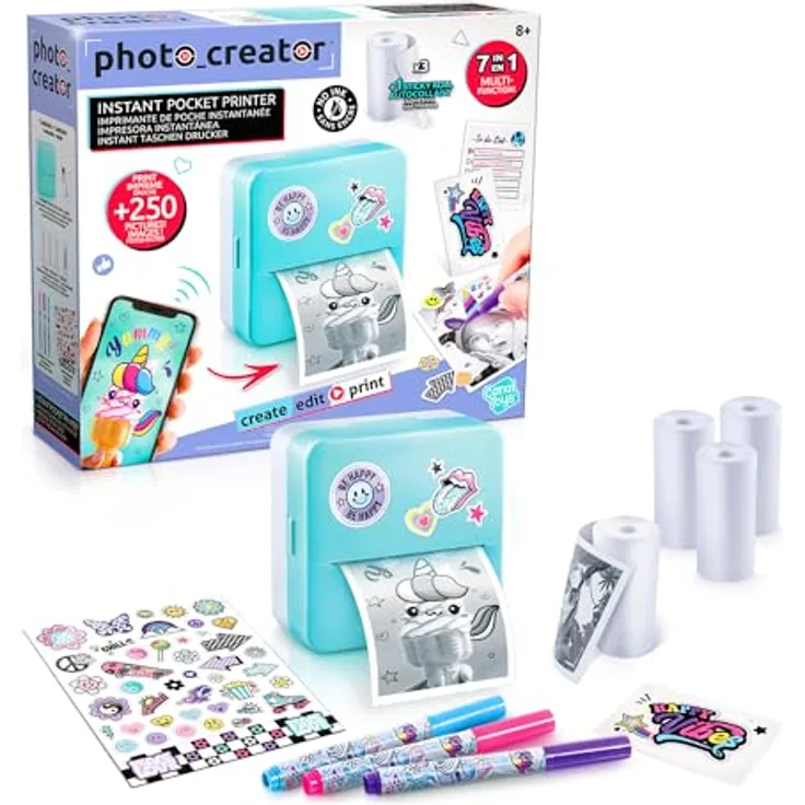 Canal Toys - Photo Creator CLK017 Taschen-Drucker Set für Smartphone mit Markern, Stickern und Thermopapier-Rollen für Instant-Druck, Blau