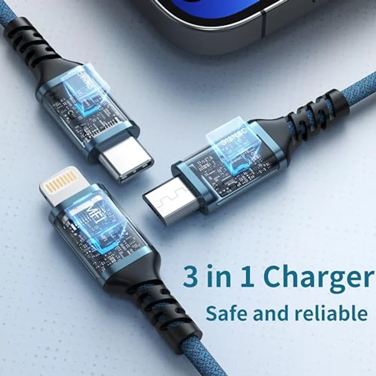 GIANAC Multi USB Kabel 3 in 1, 2 Stück, 0.5m, Schnellladekabel mit Micro USB, USB C und Lightning, kompatibel mit iPhone, Android, Blau & Grau – Bild 3
