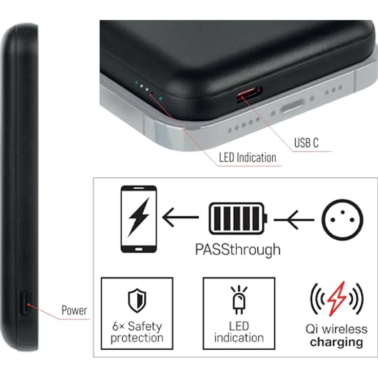 EMOS Micro Wireless Powerbank 5000 mAh, PD 20 W + Magnetisch 15 W, Fast-Charging, Passthrough, Schwarz – Bild 3