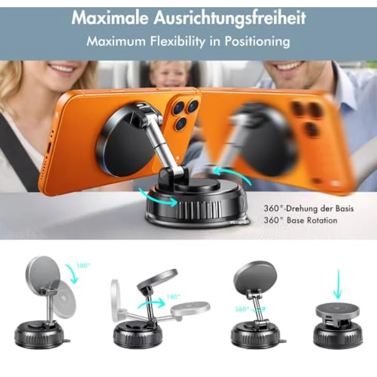 LogiLink Smartphone-KFZ-Magnethalter für induktionsladen, MagSafe-kompatibel mit 25 Watt Qi-Ladefunktion, drehbar um 360 Grad, Saugnapfbefestigung – Bild 3