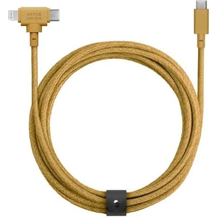 NATIVE UNION Eco Belt USB-C zu USB-C/Lightning-Kabel, 1,8 m, gelb, mit Schnellladung und MFi-Zertifizierung