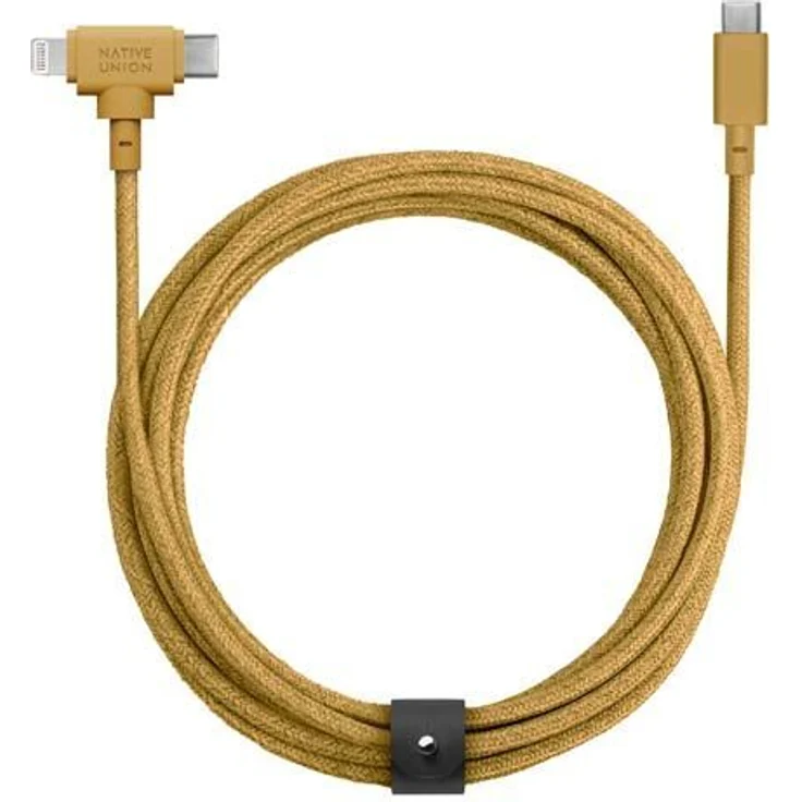 NATIVE UNION Eco Belt USB-C zu USB-C/Lightning-Kabel, 1,8 m, gelb, mit Schnellladung und MFi-Zertifizierung