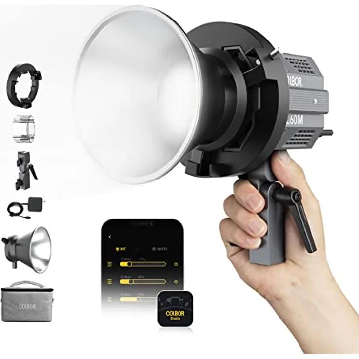 Videoleuchte, Colbor CL60M 65W COB Dauerlicht 5600K CRI97+ mit Bowens Mount App Steuerung, 7 Lichteffekte Fotografie für Fotostudio Videoaufnahme, LED-Videoleuchte-Studio-Dauerlicht-Tageslight