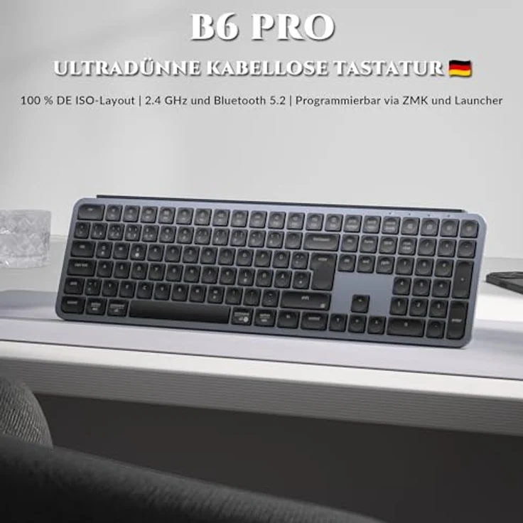 Keychron B6 Pro, Kabellose Ultra-Slim Tastatur mit Medientasten und Wireless Charging, Grau – Bild 2