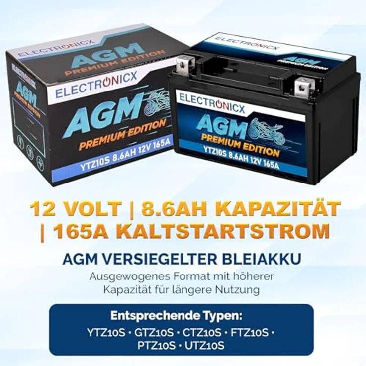 Electronicx YTZ10S AGM Motorradbatterie 9Ah 12V - wartungsfrei, rüttelfest, auslaufsicher für Motorrad, Roller, Quad und ATV – Bild 5